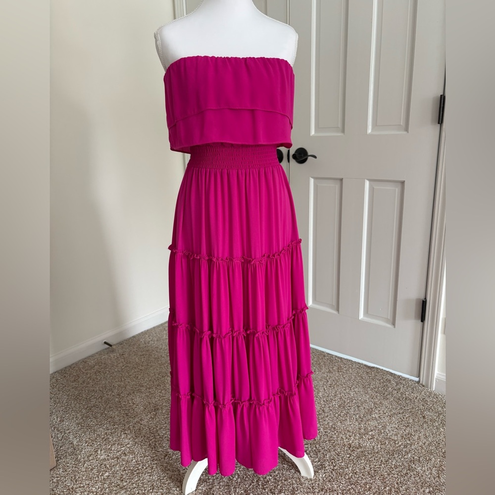 1.STATE Strapless Ruffle Tiered Dress in Fiercely Fuchsia